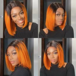 Straight Bob Wig 4X4X1 T Part Lace Closur Human Hair Wigs For Women Ombre Coloured T1B-Orange Short Bob Lace Wigs For Women