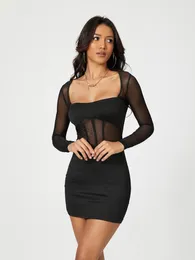 Casual Dresses Women Long Sleeve Bodycon Dress Solid Color Mesh Splicing See-Through Square Neck Cocktail Party Club Skinny Mini