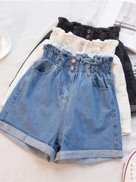 Classic Solid Colour Stretch Highwaisted Womens Denim Shorts Chic Button S5XL Size Ruffle Back Drawstring Short Jeans 240409