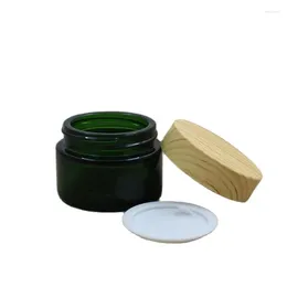 Storage Bottles 15Pieces Empty Green Glass Cosmetic Cream Refillable Bottle Packaging Container Eye Jar False Wood Plastic Lid 50G 30G