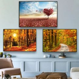 Forest Road Autumn Tree Heart Shape Canvas Painting Modern Landscape Posters Prints Decorative Pictures for Living Room Decor
