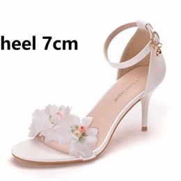 Dress Shoes Crystal Queen Women Sandals White Flower Fine Bridal Pumps Wedding Peep Toes Buckle Strap Thin Sexy High Heels Slender H240409 Z1IH