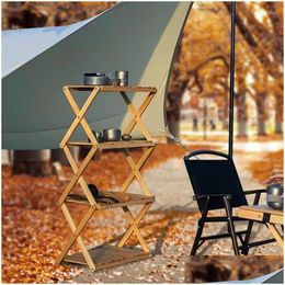 Camp Furniture Outdoor Folding Shelf 4 Layer Storage Rack Mti-Function Portable Foldable Hiking Cam Picnic Assembly Bamboo Table Drop Dhhgw