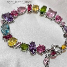 Bangle 2023 Cute Square Candy Colour Sparkling Crystal Bracelet Womens Luxury Design Rainbow Zircon Bracelet Jewellery Set yq240409
