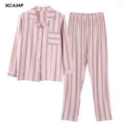Home Clothing XCAMP Cotton Sleepwear Couple Pyjamas Striped V-Neck Cartoon Printed Winter Underwear Sets