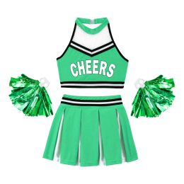 Kids Girls Cheerleading Uniform Dancewear Halter Neck Letter Printed Crop Top with Pleated Skirt and 1 Pair Tassel Flower Ball