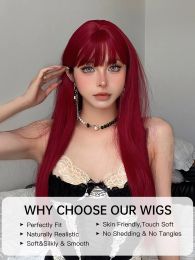 Long Wine Red Straight Wigs for Women Synthetic Hair Wig with Bangs Daily Party Natural Cosplay Heat Resistant Wig