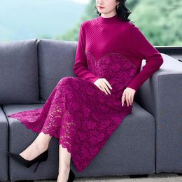 Casual Dresses Elegant Temperament Sweater Lace Stitching Long Dress Women 2024 Autumn And Winter Fashion Solid Colour Ladies