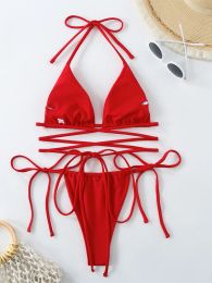 Sexy Red Micro Bikini 2024 Mujer Women Swimsuit Black Criss Cross Bandage Push Up Swimwear Bathing Suit Tie Side Thong Bikinis