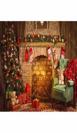 Indoor Merry Christmas Fireplace Background Vintage Computer Printed Xmas Tree Toy Bear Gift Boxes Chair Happy New Year Pograph9876197