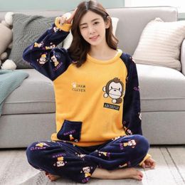 Home Clothing Winter Women Pajama Set Coral Fleece Pajamas Thicken Sleepwear Suit Paragraph Warm Thick Flannel Cartoon Print Cute Homewear