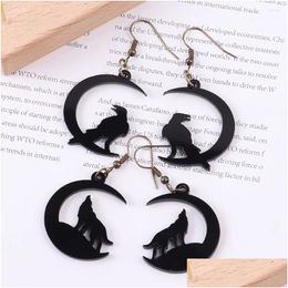 Dangle & Chandelier Earrings Fishsheep Trendy Acrylic Black Animals Moon Drop Earring For Women Handmade Resin Dark Wind Crow Wolf In Dha6C