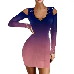 Casual Dresses In Womens Sexy V Neck Mesh Colour Stitching Diamond Design Long Sleeved Tunic Skirt Slim Women For Party