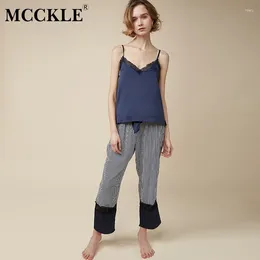 Home Clothing MCCKLE 2024 Women Lace V Neck Sexy Pajama Sets Autumn Vest And Long Pants 2 Piece Soild Female Pyjama Silk Ladies Sleepwear