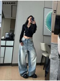 Women's Jeans American Retro High Waist Oversized Casual Baggy Pocket Y2K Pants Wide Leg Grunge Light Blue Denim Trouser