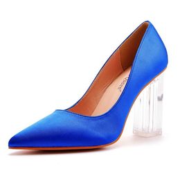 Dress Shoes Crystal Queen Women Pumps Sexy Clear 10cm High Heels Square Transparent Ladies Summer White Black Red Blue Silk H240409 6K2P