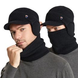 Winter Men Women Warm Earflap Balaclava Hat Scarf Set with Plush Velvet Beanie Hat Men's Pullover Knitted Hat Bonnets Cap Male