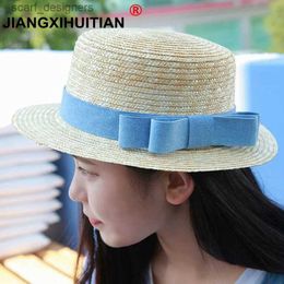 Wide Brim Hats Bucket Hats wholesale sun flat straw hat boater hat girls bow summer Hats For Women Beach flat panama straw hat chapeau femme 48-52-54-58cm Y240409