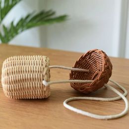 Acorn Shape Storage Basket Handwoven Round Rattan Bag Bucket Tropical Beach Style Woven Shoulder Bag Photo Props for Children