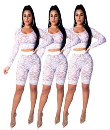 Women Long Sleeve Crop Tops And Biker Shorts Sweat Suits Sexy Lace Club Outfits Two Piece Sets9682255