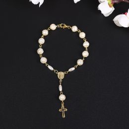 Catholic Cross Finger Chain Mini Rosary Finger Baptism Rosaries White Rose Bracelet for Baptism Favors Christening