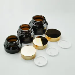 Storage Bottles 15G 30G 50G Facial Cream Jar Glass Refillable Cosmetic Container With Hand Pad Dark Brown Screw Cap Eyecream Essence Bottle