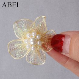 30pcs 3cm Mesh Pearl Beads Flowers DIY Shoes Hats Clothes Jewelry Decorative flowers Silk Rose Wedding Party Decoration