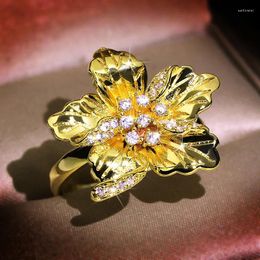 Cluster Rings Elegant Gold Flower Snowflake S925 Silver Ring Cubic Zirconia Female Wedding Vintage Boho Jewellery Gift Engagement For Women