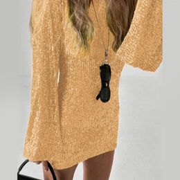 Casual Dresses 2024 Women O Neck Party Mini Dress Flared Long Sleeve Fashion Sequin Elegant Ladies Solid Colour Zipper Bodycon