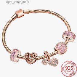 Bangle 100% genuine 925 sterling silver heart-shaped rose gold family tree charm bracelet set pink Murano crystal womens bracelet set gift yq240409