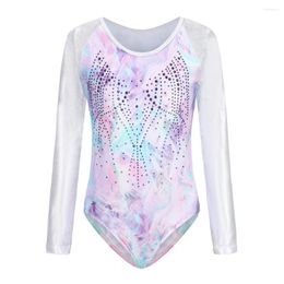 Stage Wear Girls' Long Sleeve Ballet Gymnastics Leotard High Stretch Gradient Print Sparkly Tumbling Dancewear Bodysuit For 5-12 Years .