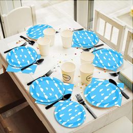 Disposable Dinnerware 24people Use Blue Sky White Clouds Theme Party Tableware Paper Cup Plate Flag Napkin Kids Birthday Supplie