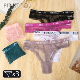 Women's Panties FINETOO 3PCS Women Lace Thong Letter Bikini Underwear Sexy Hollow Out T-Back Female Low-Rise Floral Perspective Lingerie