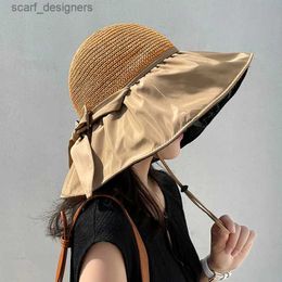 Wide Brim Hats Bucket Hats Summer Womens Bucket Hat UV Protection Wide Brown Beach Sun Hat Empty Top Hat Horsetail Hat Bow Womens Panama Hat Y240409