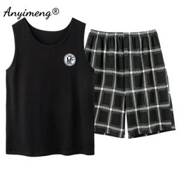 Fashion Pyjama Set Men Summer Shorts Plaid Bottom Sleeveless Vest Two Pieces Men Nightwear Sporty Embroidery Badge Cool Pyjamas 240409