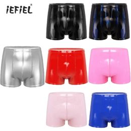 Mens Wetlook Patent Leather Board Shorts Bulge Pouch Boxer Briefs Pool Party Latex Nightclub Clubwear Skinny Short Pants 240328