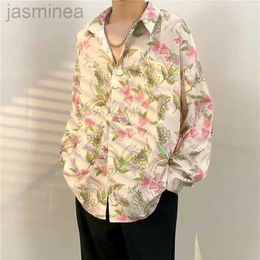 Men's Casual Shirts 2023 Spring Summer Vintage Fashion Trend Long Sleeve Lapel Mens Clothing Loose Lazy Hong Kong Breeze Casual Thin Floral Shirt 2449