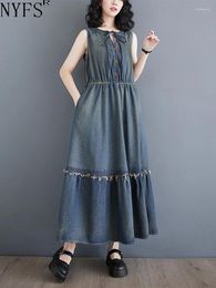 Casual Dresses NYFS 2024 Summer Vintage Woman Dress Vestidos Robe Elbise Loose Plus Size Solid Sleeveless Denim Elastic Waist Long