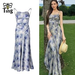 Casual Dresses Tingfly Designer Fashion Floral Print Summer Strap Satin Maxi Long Party Lady Sexy Backless Lace Up Robes