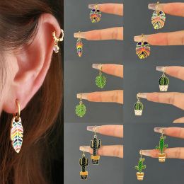 New Colourful Enamel Drop Oil Leaf Cactus Earrings Women Cute Sweet Plant Shape Hanging Hoop Earrings Girls Party Jewellery Gift