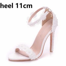 Dress Shoes Crystal Queen Women Lace Wedding Thin High Heels White Bridal Open Toe Sandals Summer Strap Ankle Sexy Party H240409 V77O