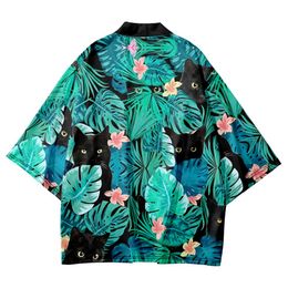Cute Cat Leaves Printed Loose Japanese Kimono Beach Shorts Men Women Streetwear Yukata Shirt Haori Cardigan Cosplay
