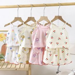 Childrens suspender pants skirt set all cotton pajamas home clothing sweat absorbing vest baby airconditioned 240408