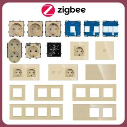 ZigBee Switch Smart Light Switches and Power Socket Parts Need Neutral,Gold Glass Panel EU Wall Outlets DIY Part Smart Home
