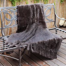 Blankets CX-D-20E Sofa Throw Custom Size And Color Hand Knitted Genuine Fur Fringes Blanket