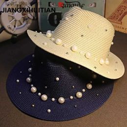 Wide Brim Hats Bucket Hats jiangxihuitian Brands 2018 New Summer British pearl beading flat brimmed straw hat Shading sun hat Lady beach hat free shipping Y240409