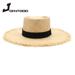 ladies raffia hat with elegant bow Korean style straw women flat top panama UV protection summer vacation cap240409