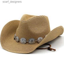 Wide Brim Hats Bucket Hats New Summer Men Women Straw Hollow Western Cowboy Hat Elegant Lady Punk Brand Sombrero Hombre Cowgirl Outdoor Jazz Beach Sun hat Y240409V6HF