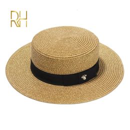 Ladies Sun Boater Flat Hats Small Bee Sequins Straw Hat Retro Gold Braided Hat Female Sunshade Shine Flat Cap RH240327