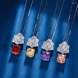 Pendant Necklaces EYIKA Exquisite Rose Flower Necklace Multicolor Square Lab Ruby Purple Champagne Stone Women Party Fine Jewellery